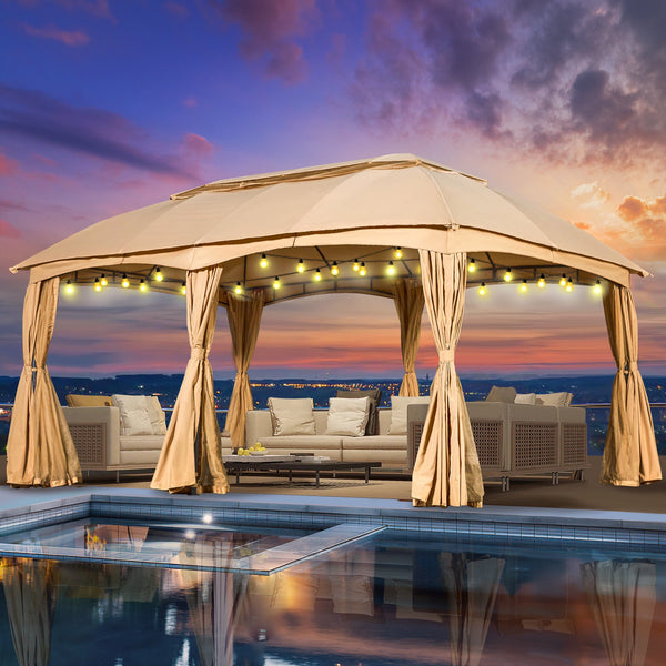 Yoleny 12'x20' Patio Gazebo, Double Soft-Roof Gazebo Tent with Curtains and Netting, Patio Canopy for Backyard, Garden, Outdoor Event, Beige