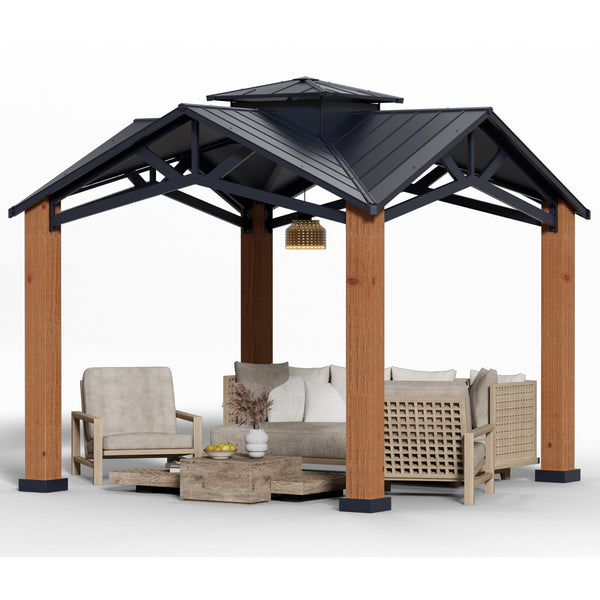 Yoleny 12' x 12' Hardtop Gazebo, Outdoor Thicker Wood Looking Aluminum Gazebos with Ventilated Galvanized Steel Roof for Patio, Backyard, Deck and Lawns