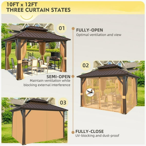 10'x12' Hardtop Gazebo with Galvanized Steel Double Roof & Aluminum Frame, Outdoor Gazebo