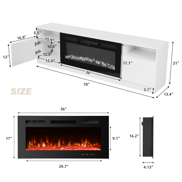 Mellcom 70'' Fireplace TV Stand with 36'' Electric Fireplace, Entertainment Center, TV Console for TVs up to 80'' for Living Room, White