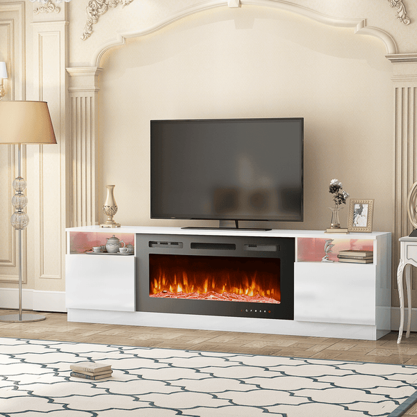 Mellcom 70'' Fireplace TV Stand with 36'' Electric Fireplace, Entertainment Center, TV Console for TVs up to 80'' for Living Room, White