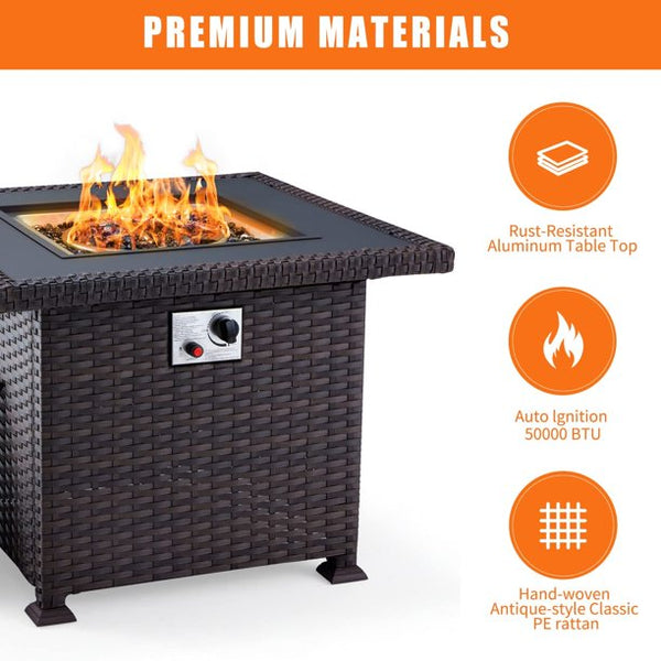 Erommy 32'' Propane Fire Pit Table, CSA Certified 50,000 BTU Wicker Square Gas Fire Pit Table with Cover, Dark Brown