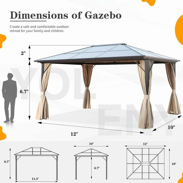 Erinnyees 12'x10' Outdoor 10 ft Hardtop Gazebo Polycarbonate Canopy, Brown