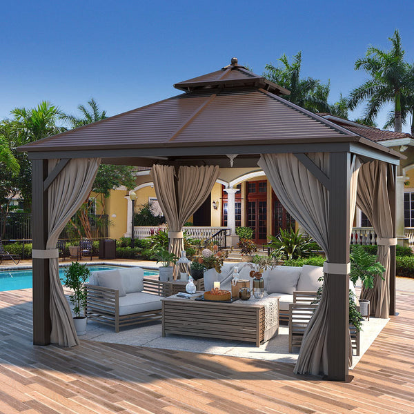 Hommow 12 ft x 12 ft Galvanized Steel Hardtop Gazebo with Netting, Brown