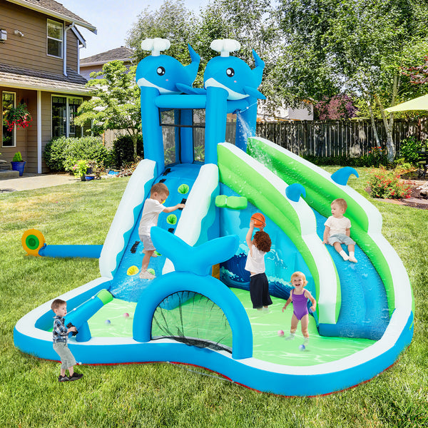 Inflatable Water Slide, 6-in-1 Whale Style Outdoor Bounce House for Kids Aged 3-10