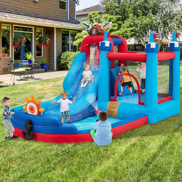 Inflatable Water Slide, 7-in-1 Pirate Ship Style Outdoor Bounce House for Kids Aged 3-10