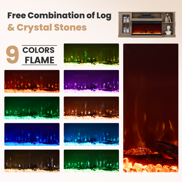 MELLCOM 70" 3 Sided Glass Fireplace TV Stand, Modern Media Console with Storage Side Cabinet, Fits TVs up to 80", Electric Fireplace TV Stand，Walnut Color