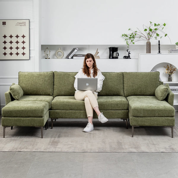 Mellcom U Shaped Sectional Sofa,Chenille Convertible Sectional Couch Ottman for Living Room,Green