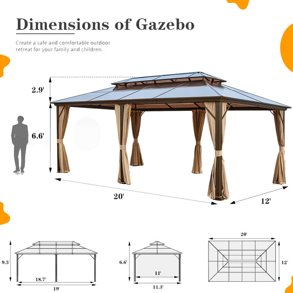 EROMMY 12' x 20' Outdoor Patio Gazebo Hardtop Gazebo with Polycarbonate Double Roof for Garden, Patio, Lawns