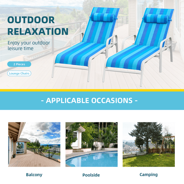 Hommow Outdoor Chaise Lounge Chair, Set of 2 Adjustable Patio Chaise Lounges for Beach Yard Pool,Blue