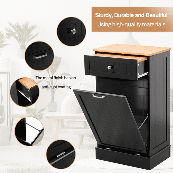 EROMMY Tilt Out Trash Cabinet, Wooden Kitchen Trash Can Free Standing Waste Bin, Recycling Hideaway Garbage Can Holder with Drawer and Removable Bamboo Cutting Board, Black