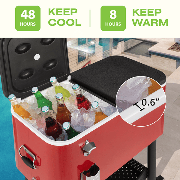 Erommy 80 Quart Rolling Cooler Cart Ice Chest Patio Outdoor Picnic Portable，Red