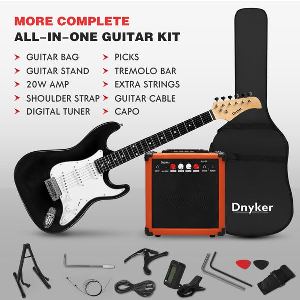 Erommy 39" Full-size Electric Guitar set, Complete Beginner Kit Solid-Body SSS Pickups with 20-Watt Amplifier, Stand, Tremolo Bar, Digital Tuner, Strap, Picks, Black