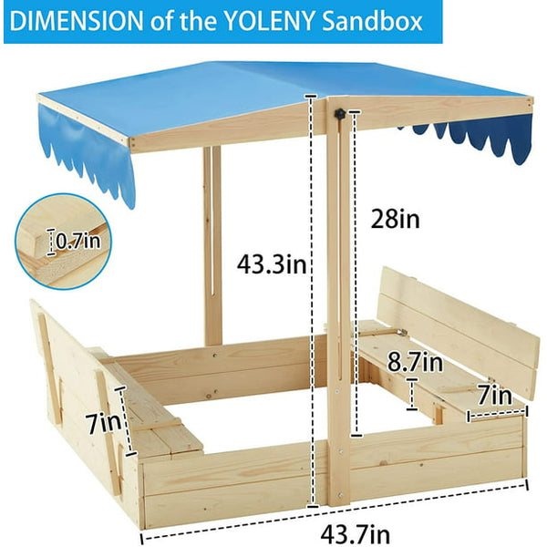 Richryce Kids Wooden Sandbox Outdoor w/ 2 Foldable Bench Seats, Height Adjustable Canopy Roof, White