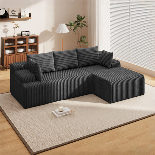 SOBREMESA Boneless Sectional Couch with Deep Seat & Chaise for Small Spaces, for Living Room, L Shaped Couch with Right Facing Chaise, Gray | no assembly required, Plush Corduroy, 5*throw pillows