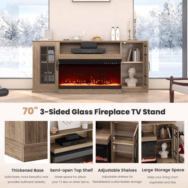 MELLCOM 70" 3 Sided Glass Fireplace TV Stand, Modern Media Console with Storage Side Cabinet, Fits TVs up to 80", Electric Fireplace TV Stand，Walnut Color