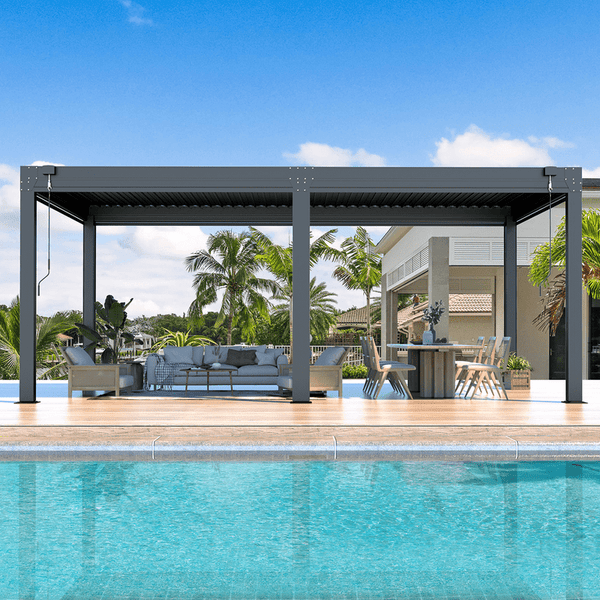 Mellcom 10'×20' Louvered Pergola with Pull-Down Privacy Screen, Hardtop Aluminum Rainproof Pergola for Patio, Dark Gray