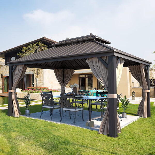 Hommow 10'x13' Hardtop Gazebo Galvanized Steel Pergolas Vented Roof Beige, Brown