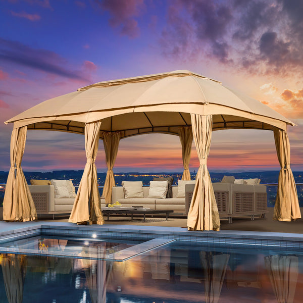 Yoleny 12'x20' Patio Gazebo, Double Soft-Roof Gazebo Tent with Curtains and Netting, Patio Canopy for Backyard, Garden, Outdoor Event, Beige