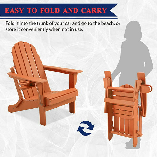 Erommy HDPE Folding Adirondack Chair, Patio Chair with Cup, Patio Lawn Chairs for Outdoors, Orange