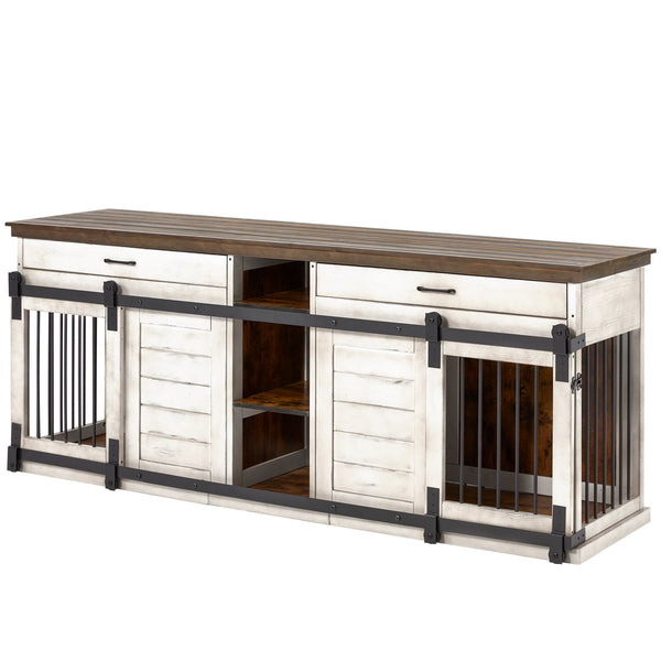 Mellcom Wood Dog Crate Furniture Indoor with Divider, Dog Crate End Table with 2 Drawers for Large Breeds, White