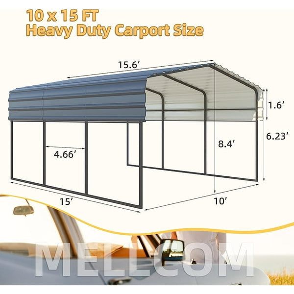 Hommow 10 x 15 ft Carport with Galvanized Steel Roof, Multi-Use Shelter, Sturdy Metal Carport for Cars, Boats, and Tractors