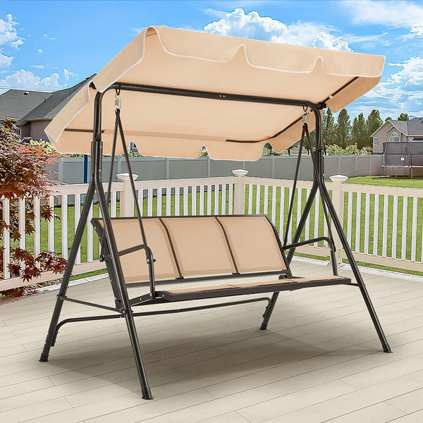 Yoleny Outdoor Patio Swing Chair, 3-Person Porch Swing with All-Weather Convertible Canopy and Textilene Fabric Seats, Steel Frame Bench Swing for Outsides, Backyard, Garden, Poolside, Beige