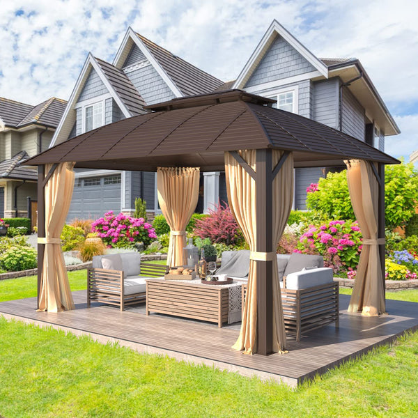 Yoleny 10' x 13' Hardtop Gazebo with Galvanized Steel Roof, Double Arc Roof Gazebo with Aluminum Frame, Outdoor Gazebo with Curtain&Netting, Sunshade for Gardens, Lawns, Deck
