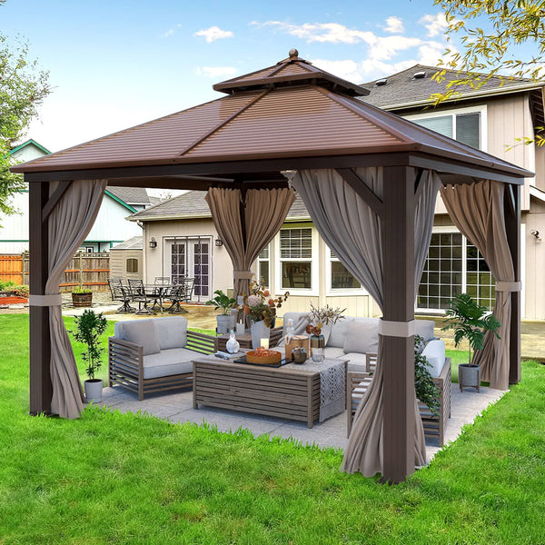 Hommow 12 ft x 12 ft Galvanized Steel Hardtop Gazebo with Netting, Brown