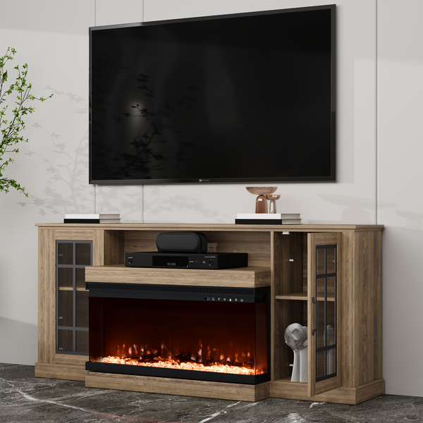 MELLCOM 70" 3 Sided Glass Fireplace TV Stand, Modern Media Console with Storage Side Cabinet, Fits TVs up to 80", Electric Fireplace TV Stand，Walnut Color