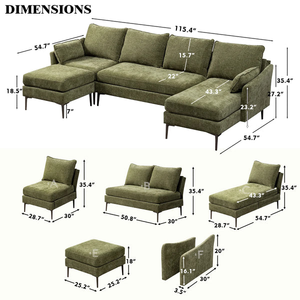 Mellcom U Shaped Sectional Sofa,Chenille Convertible Sectional Couch Ottman for Living Room,Green