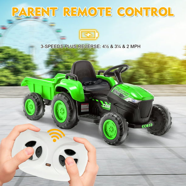 Hommow Kids Ride on Tractor with Remote Control, 12V 7AH Battery Powered Electric Tractor with 30W Dual Motors/Cool Lights/Bluetooth Music for Kids, Green