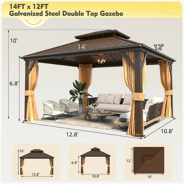 12'x14' Hardtop Gazebo with Galvanized Steel Double Roof & Aluminum Frame, Outdoor Gazebo with Premium Curtains and Nettings