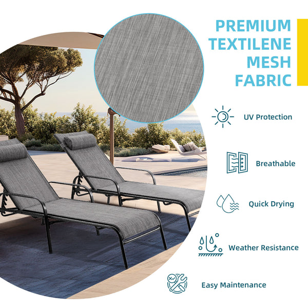 Hommow Outdoor Chaise Lounge Chair, Set of 2 Adjustable Patio Chaise Lounges for Beach Yard Pool, Gray
