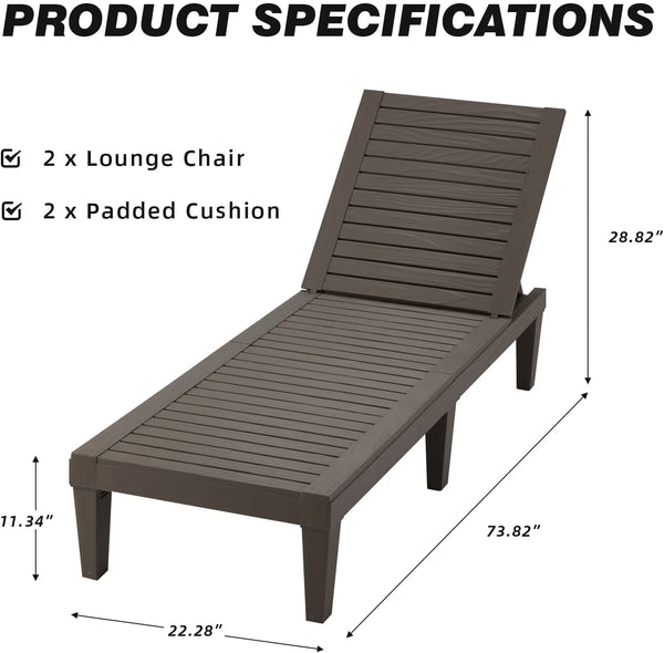 Hommow Outdoor Chaise Lounge Chair,Set of 2 Adjustable Patio Chaise Lounges with Removable Cushion,Brown