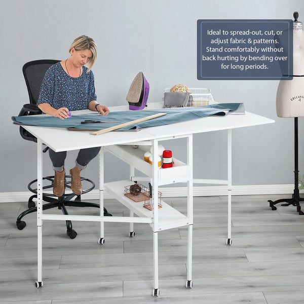 Home Hobby Craft Table with Storage Shelves, Mobile Folding Cutting Table for Large Fabric, Foldable Table for Home Office Sewing Room Craft Room