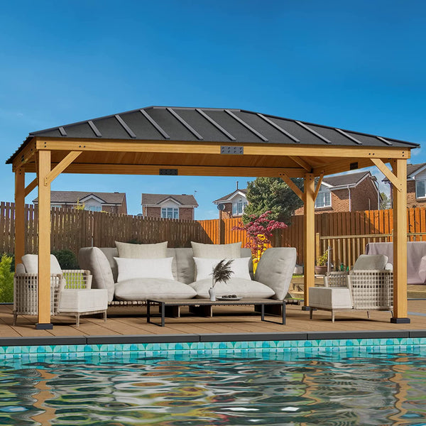 Yoleny 12' x 16' Spruce Wood Gazebo Hardtop, Silent Asphalt Roof Solid Wood Gazebo, for Patio, Lawns, Garden, Yard