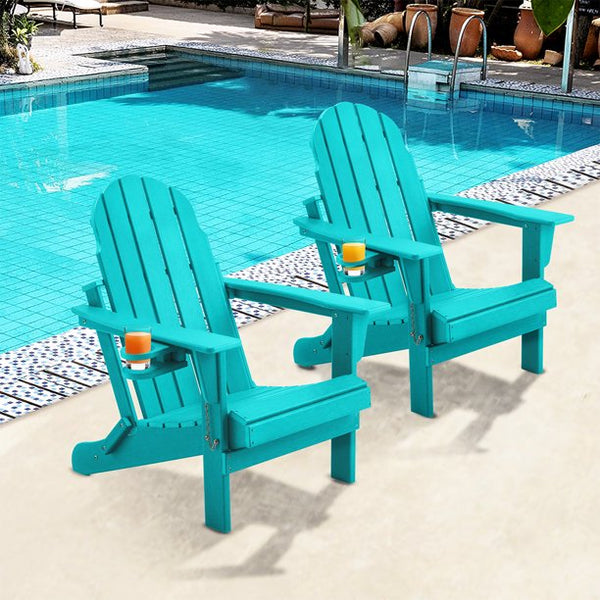 Erommy HDPE Folding Adirondack Chair, Patio Chair with Cup, Patio Lawn Chairs for Outdoors, Blue