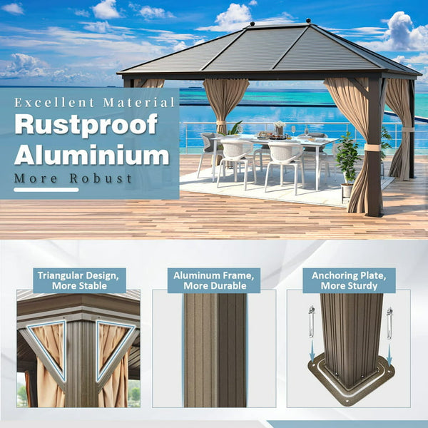 Hommow 10' x 13' Hardtop Gazebo, Galvanized Steel Metal Roof Gazebo, Permanent Pavilion Gazebo with Aluminum Frame for Patios, Gardens, Lawns