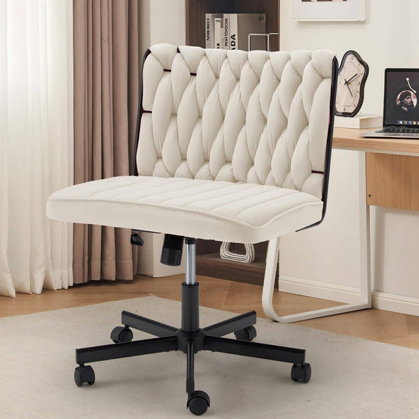 Criss Cross Legged Chair with Wheels, Modern Armless Office Desk Chair with Flannel Wide Seat, Swivel & Adjustable Height, 90-135°Reclining Comfy Ergonomic Task Chair for Home,Office (White)