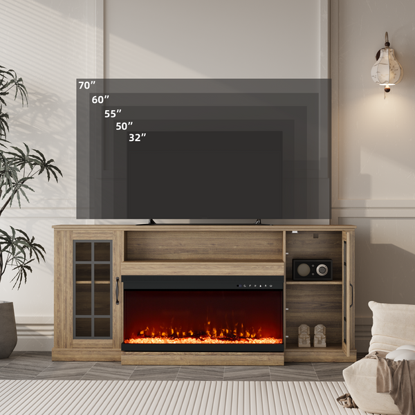 MELLCOM 70" 3 Sided Glass Fireplace TV Stand, Modern Media Console with Storage Side Cabinet, Fits TVs up to 80", Electric Fireplace TV Stand，Walnut Color