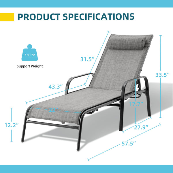 Hommow Outdoor Chaise Lounge Chair, Set of 2 Adjustable Patio Chaise Lounges for Beach Yard Pool, Gray