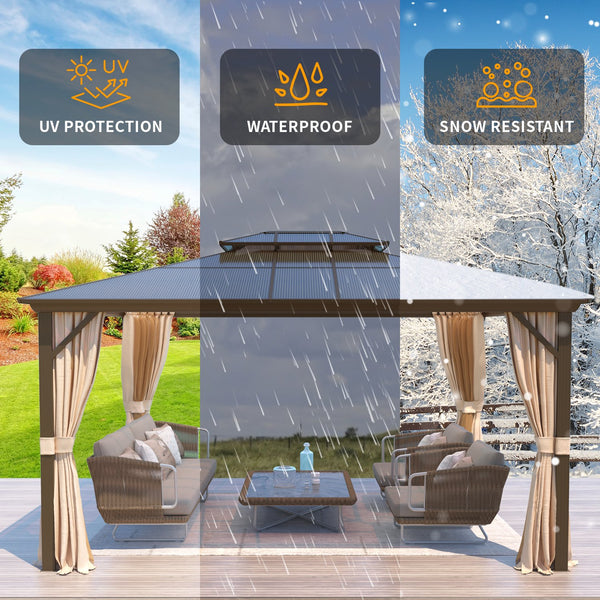 Yoleny 12'x14' Outdoor Hardtop Polycarbonate Gazebo Canopy Curtains Aluminum Frame with Netting for Garden,Patio
