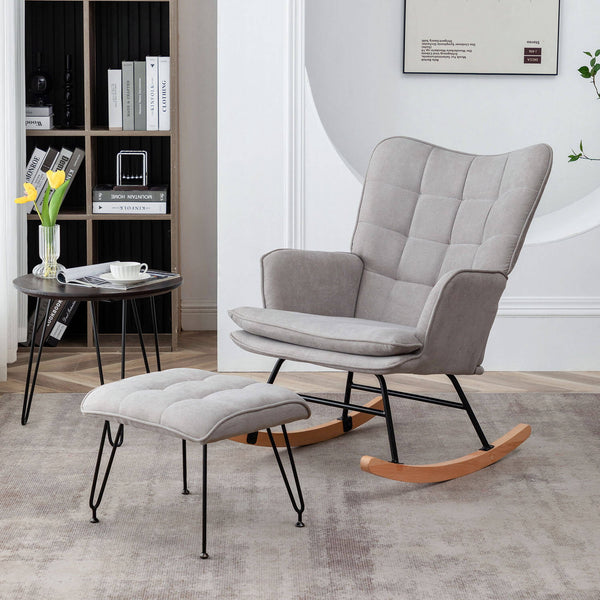 Mellcom Accent Rocking Chair, High Back Nursery Glider Rocker with Ottoman, Modern Upholstered Linen Fabric Armchair for Living Room, Bedroom, Gray