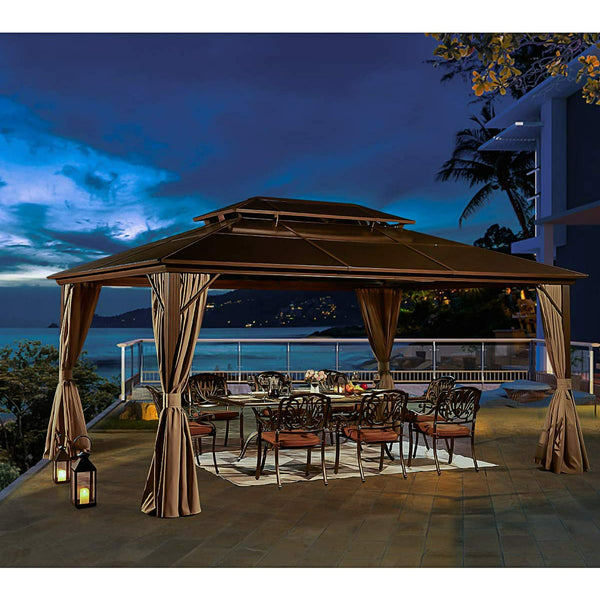 Yoleny 12'x16' Outdoor Polycarbonate Double Roof Hardtop 12 ft Gazebo Canopy, Brown