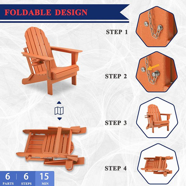 Erommy HDPE Folding Adirondack Chair, Patio Chair with Cup, Patio Lawn Chairs for Outdoors, Orange
