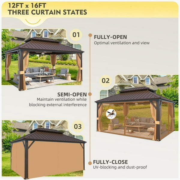 12'x16' Hardtop Gazebo with Galvanized Steel Double Roof & Aluminum Frame, Outdoor Gazebo