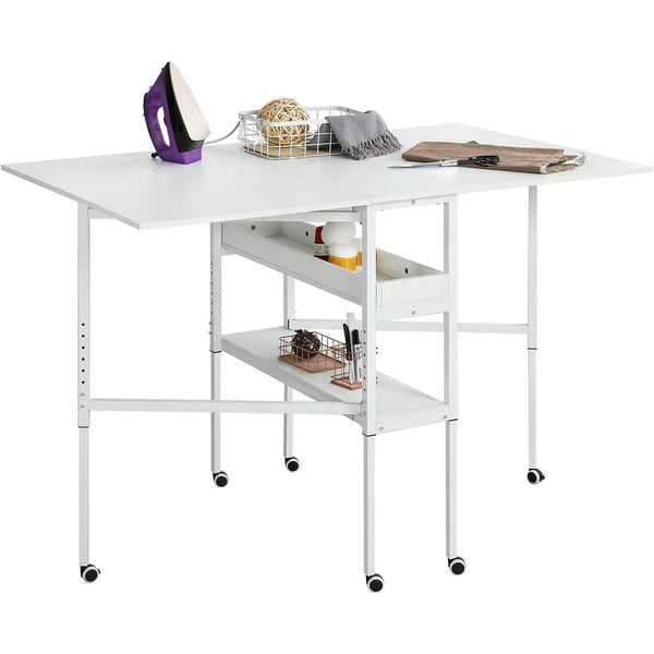 Home Hobby Craft Table with Storage Shelves, Mobile Folding Cutting Table for Large Fabric, Foldable Table for Home Office Sewing Room Craft Room