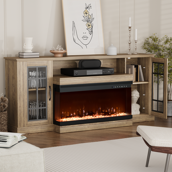 MELLCOM 70" 3 Sided Glass Fireplace TV Stand, Modern Media Console with Storage Side Cabinet, Fits TVs up to 80", Electric Fireplace TV Stand，Walnut Color