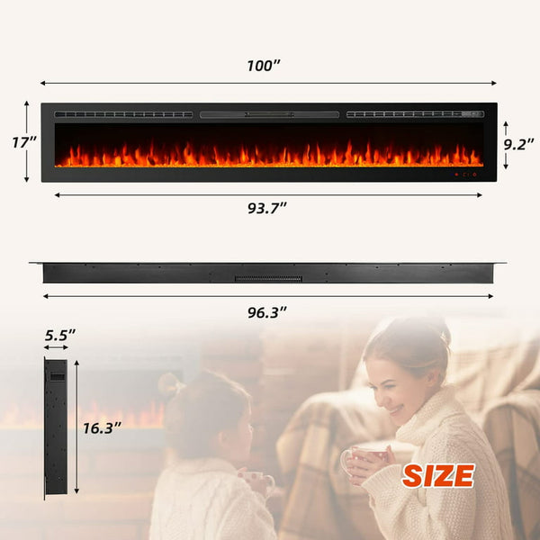 Hommow 100" Electric Fireplace Recessed and Wall Mounted,12 Flame Color Fireplace Heater Ideal for Family Room,Bedroom
